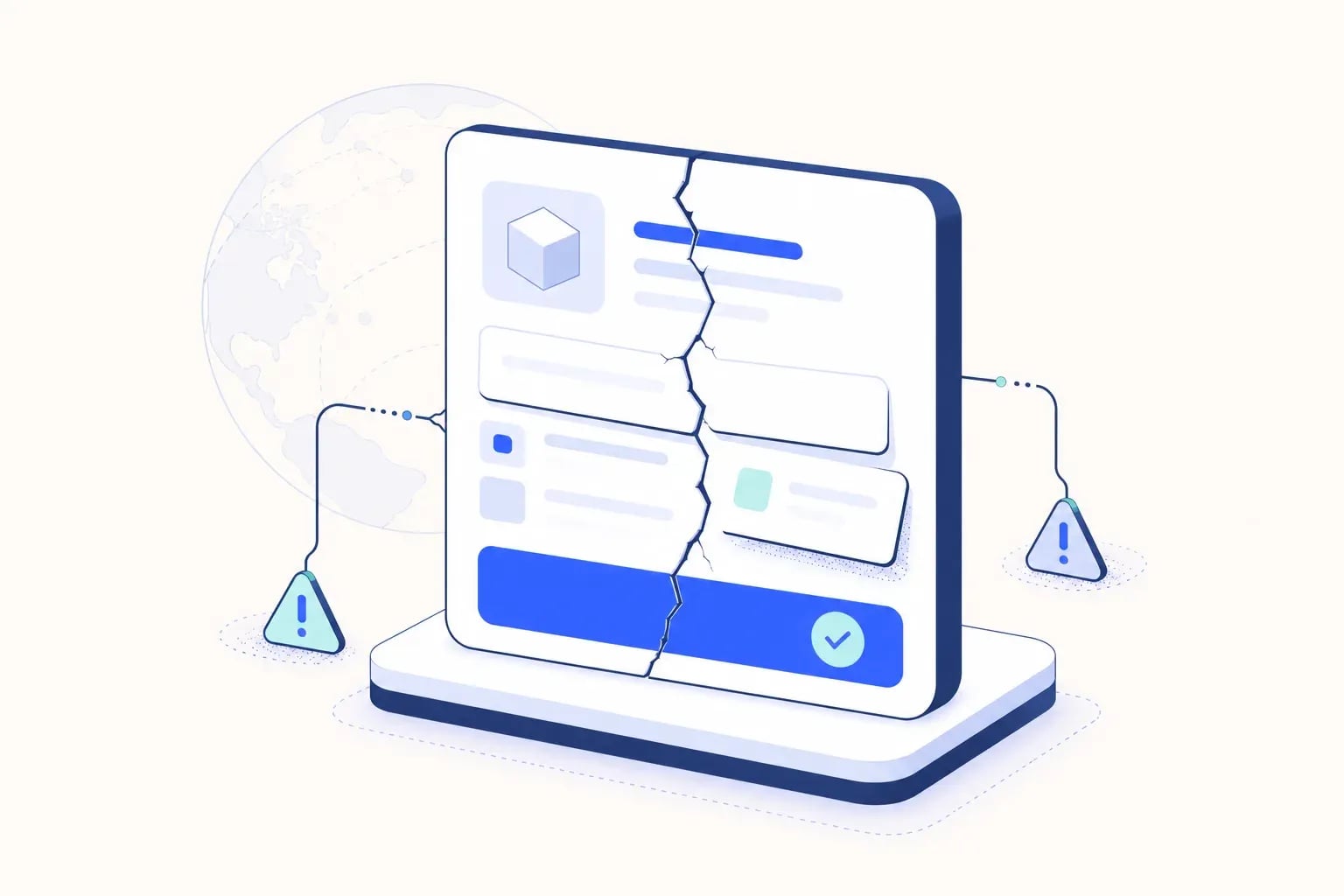 Illustration vectorielle plate d’une interface utilisateur fissurée aux tuiles désalignées devant un globe