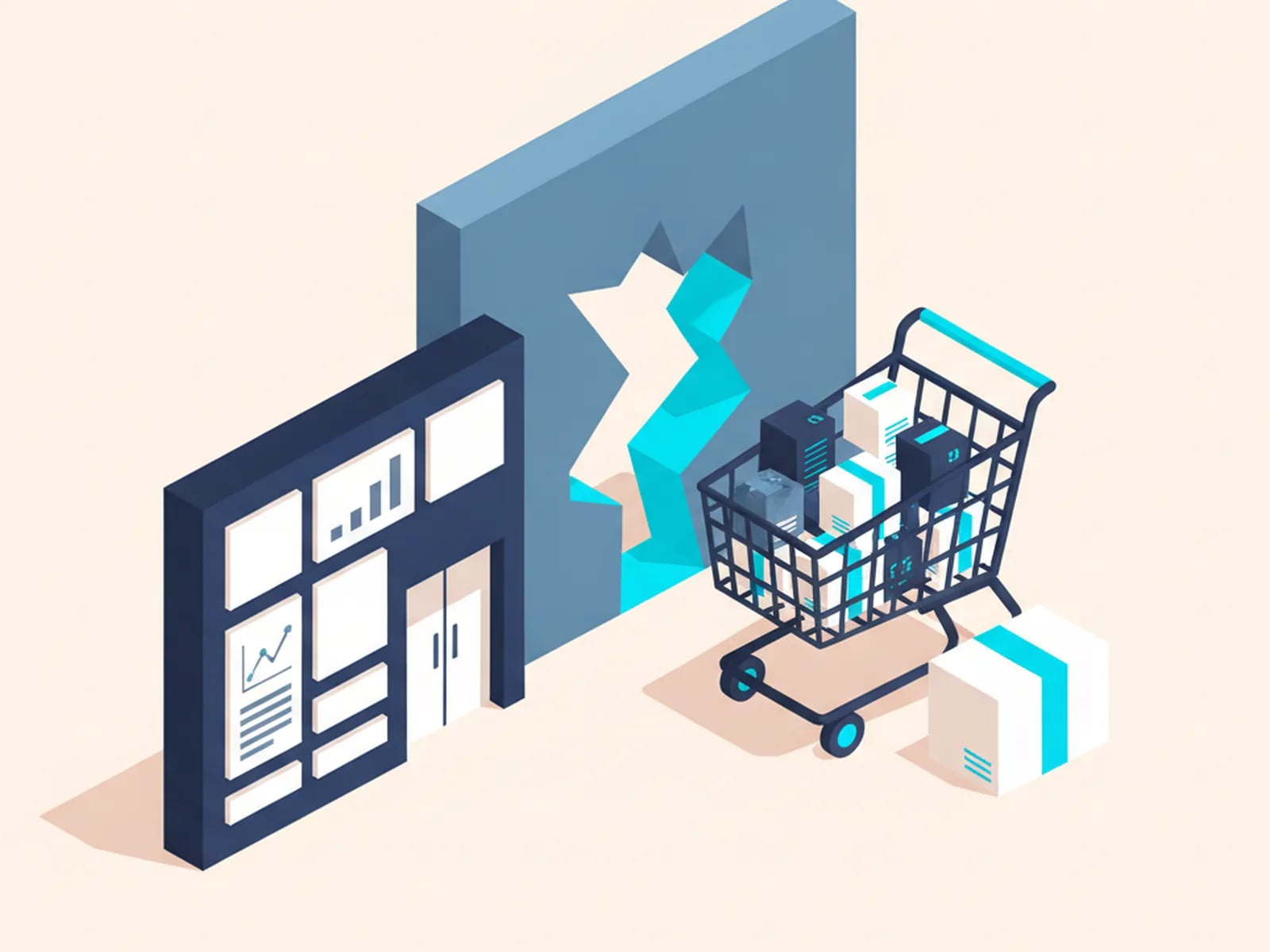 Isometric illustration of a template storefront block that does not fit a custom slot, beside a cart and product boxes.