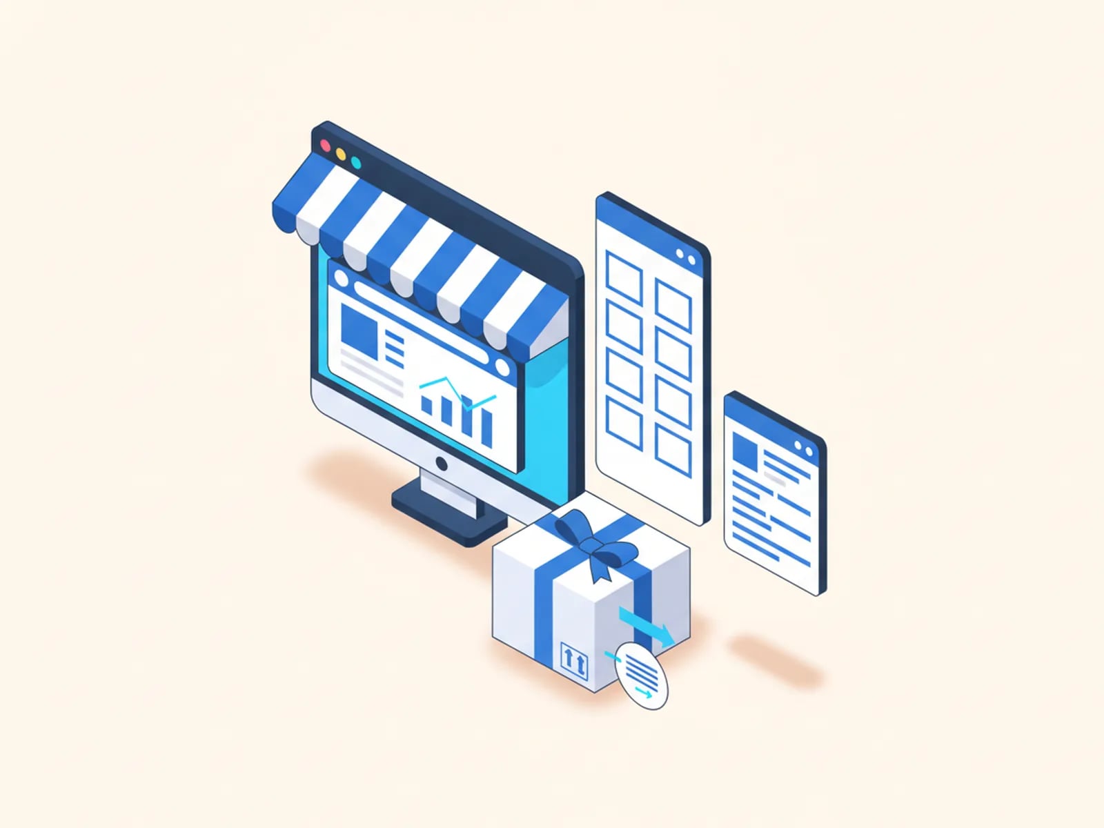 Isometric illustration of a storefront, a headless browser window, a product catalogue, an order list and a returns parcel.