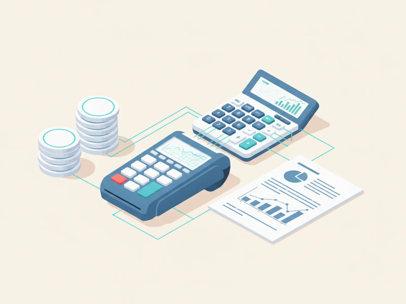 Isometric illustration of a payment terminal, stacks of coins, a tax ledger and a calculator.