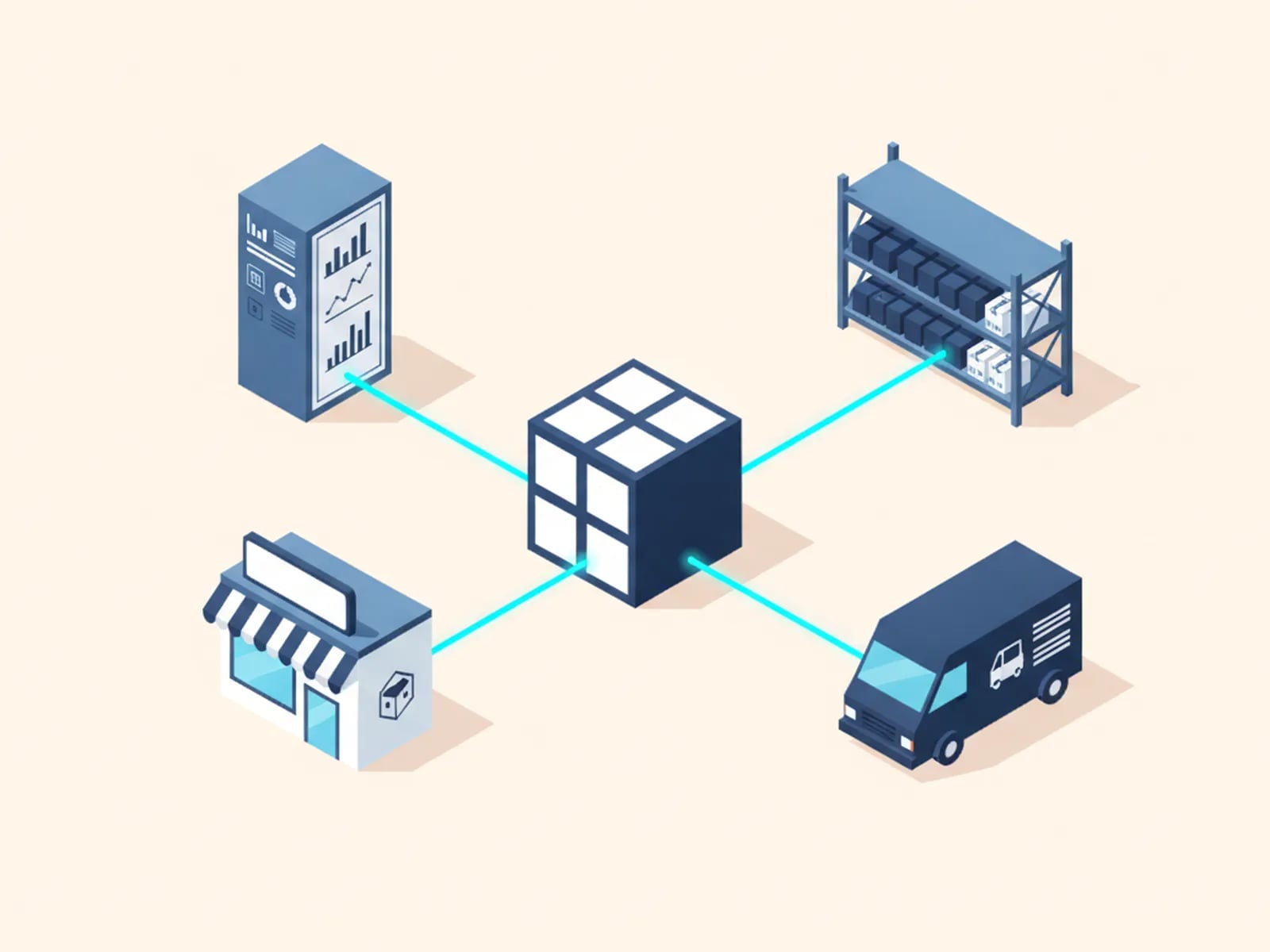 Isometric illustration of an integration hub linked to an ERP cabinet, a fulfilment warehouse, a marketplace window and a carrier van.