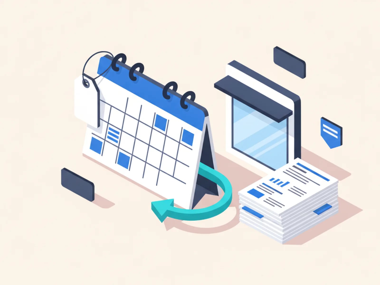 Isometric illustration of a calendar, a single price tag and a storefront window beside a stack of recurring invoices.