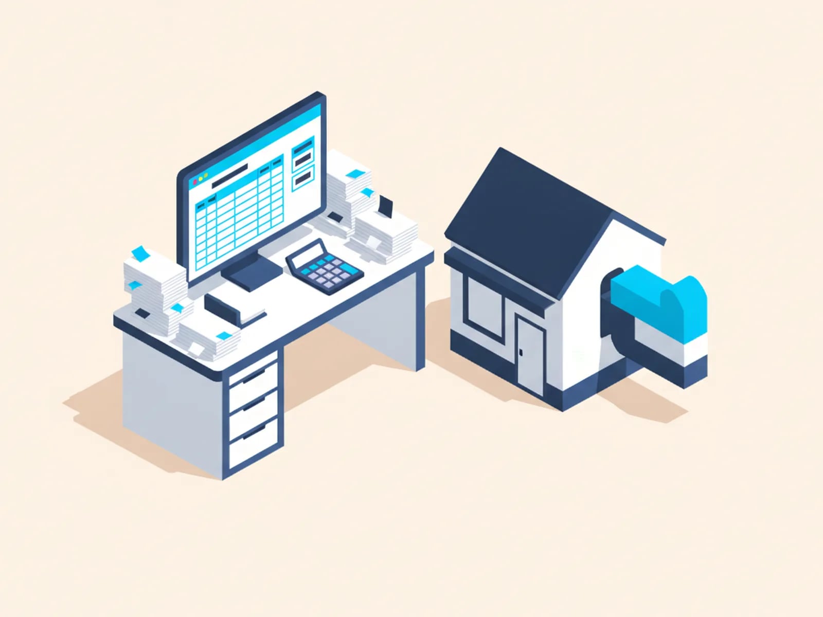 Isometric illustration of a cluttered desk with a spreadsheet and paper beside a small shop and a software block that almost fits.