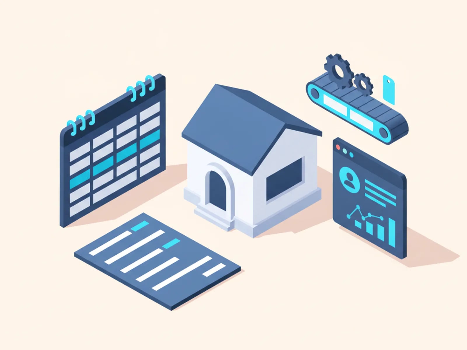 Isometric illustration of a booking calendar, a quote, a client portal and an automation conveyor around a small shop.