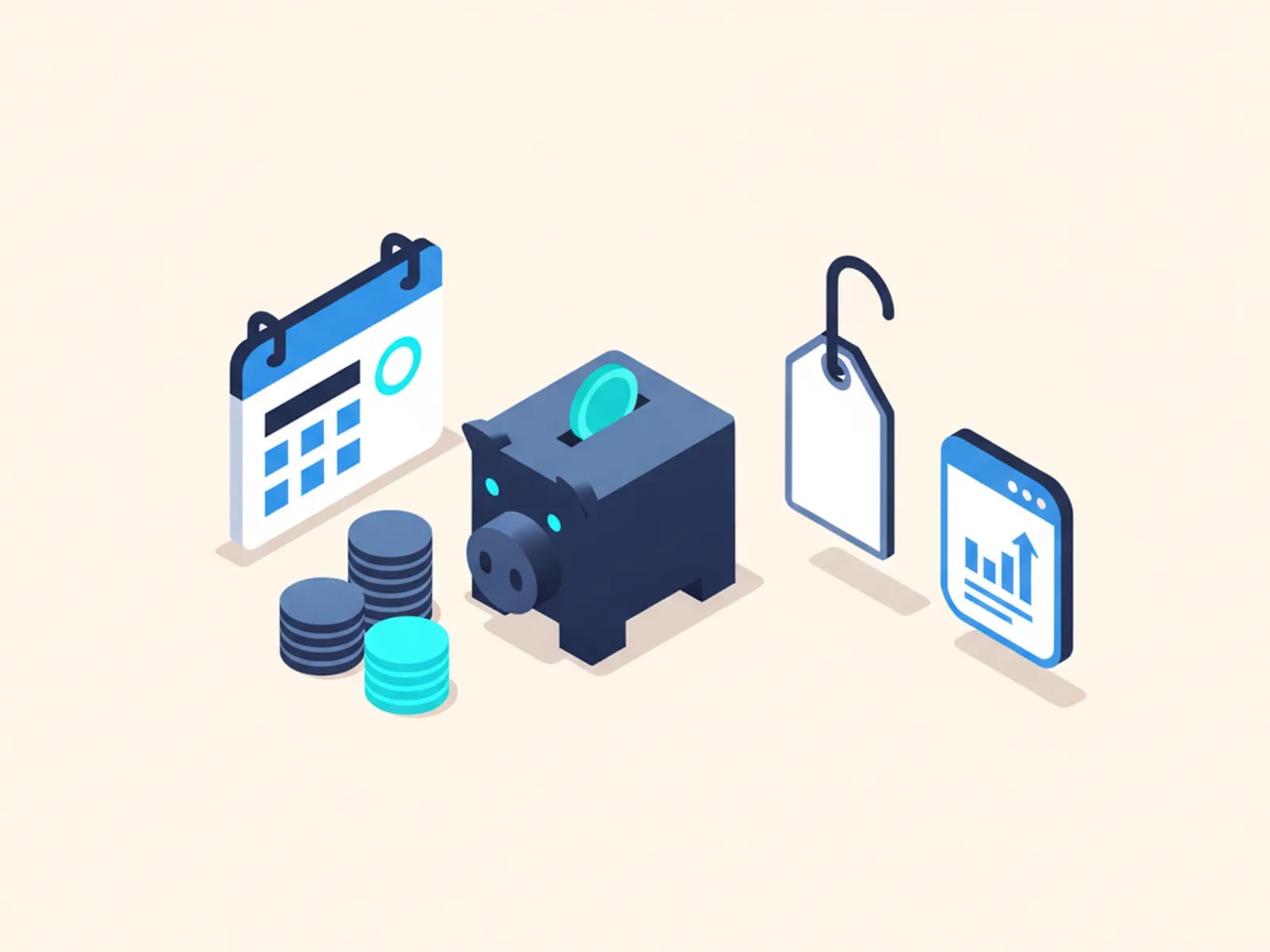 Isometric illustration of a piggy bank, stacks of coins, a calendar and a price tag beside a small app.