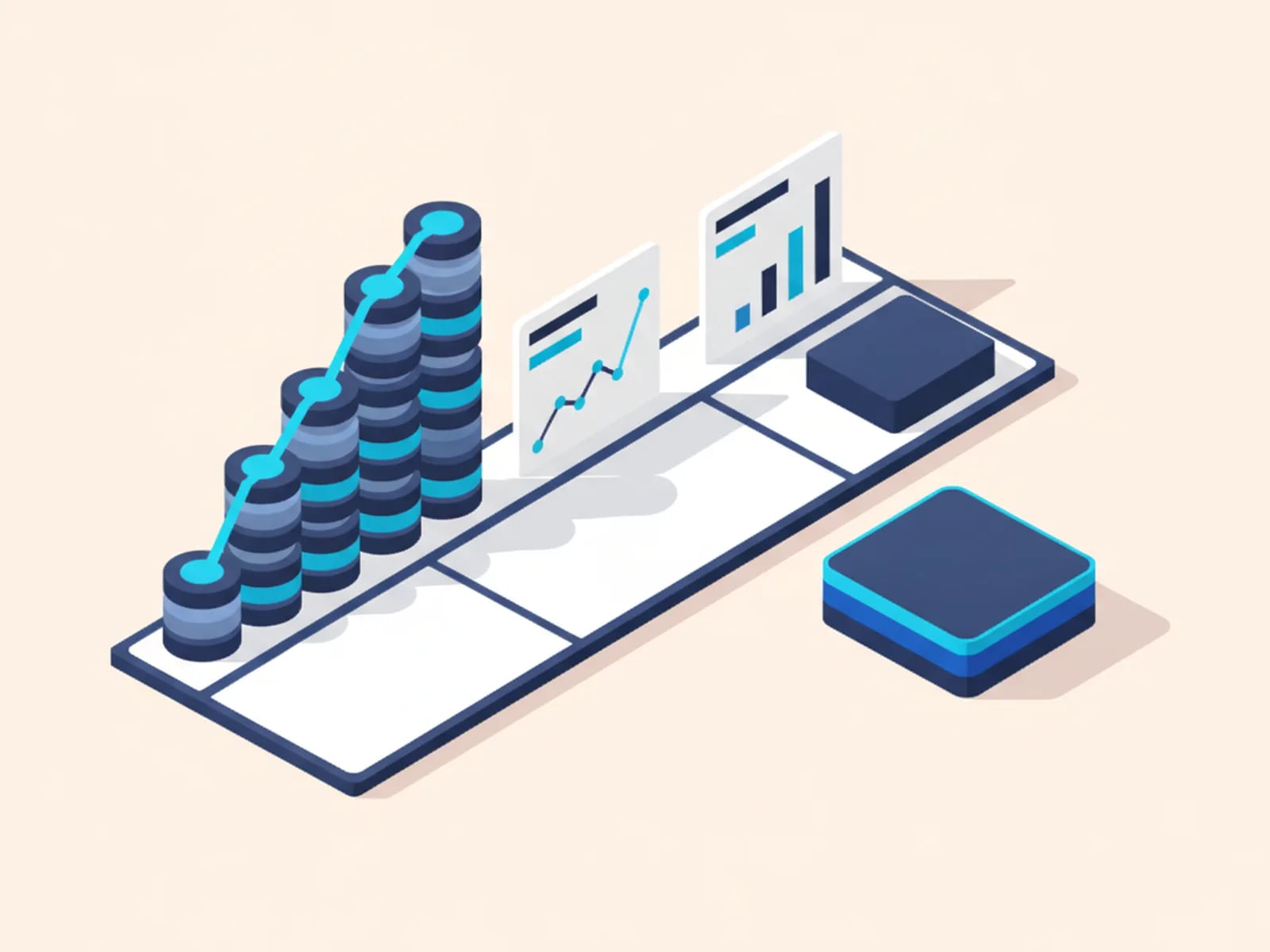 Isometric illustration of a rising staircase of per-seat subscriptions beside a flat fixed-price block over three years.