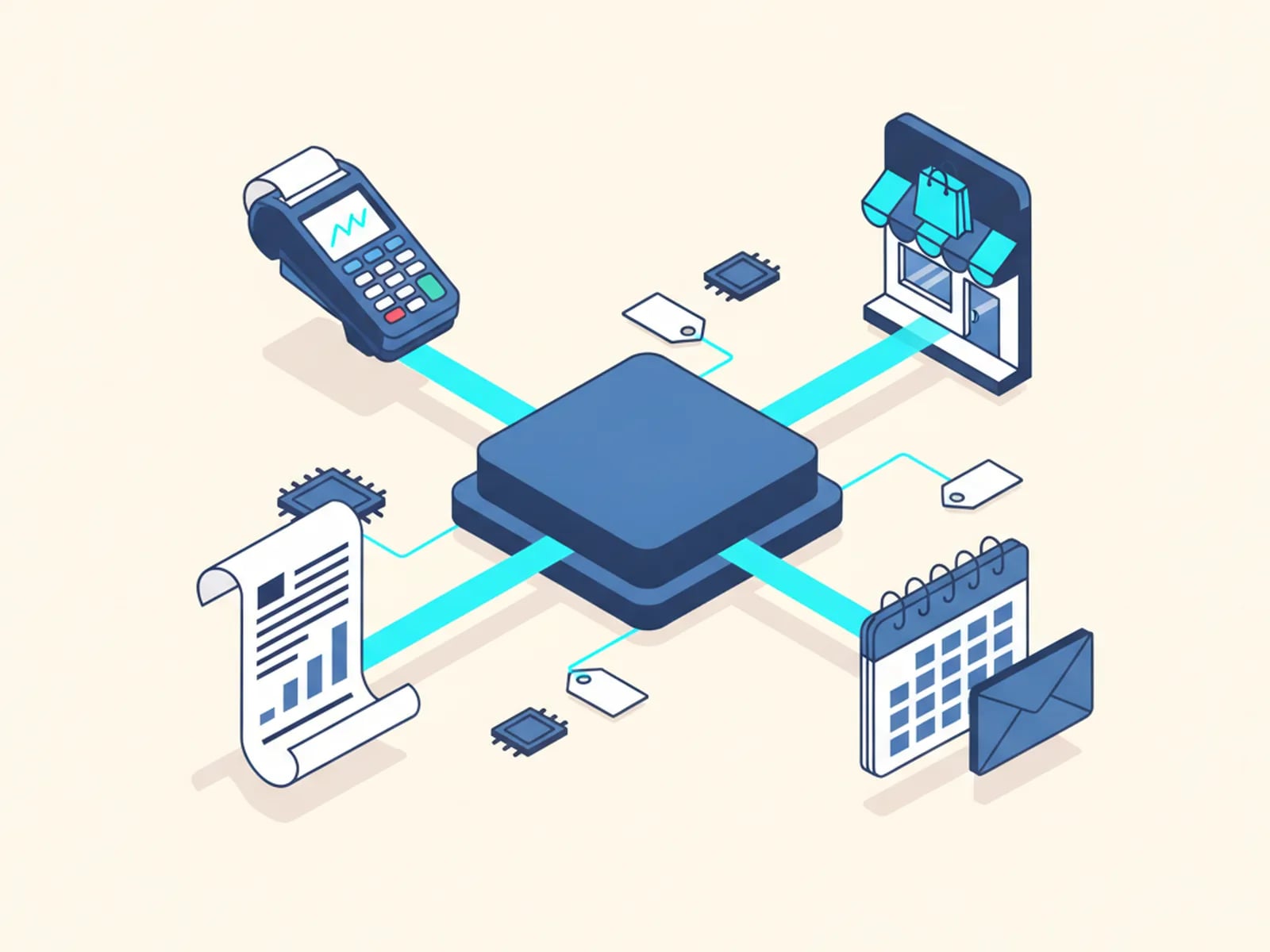 Isometric illustration of a hub linked to an accounting ledger, a payment terminal, a storefront, a calendar and an envelope.